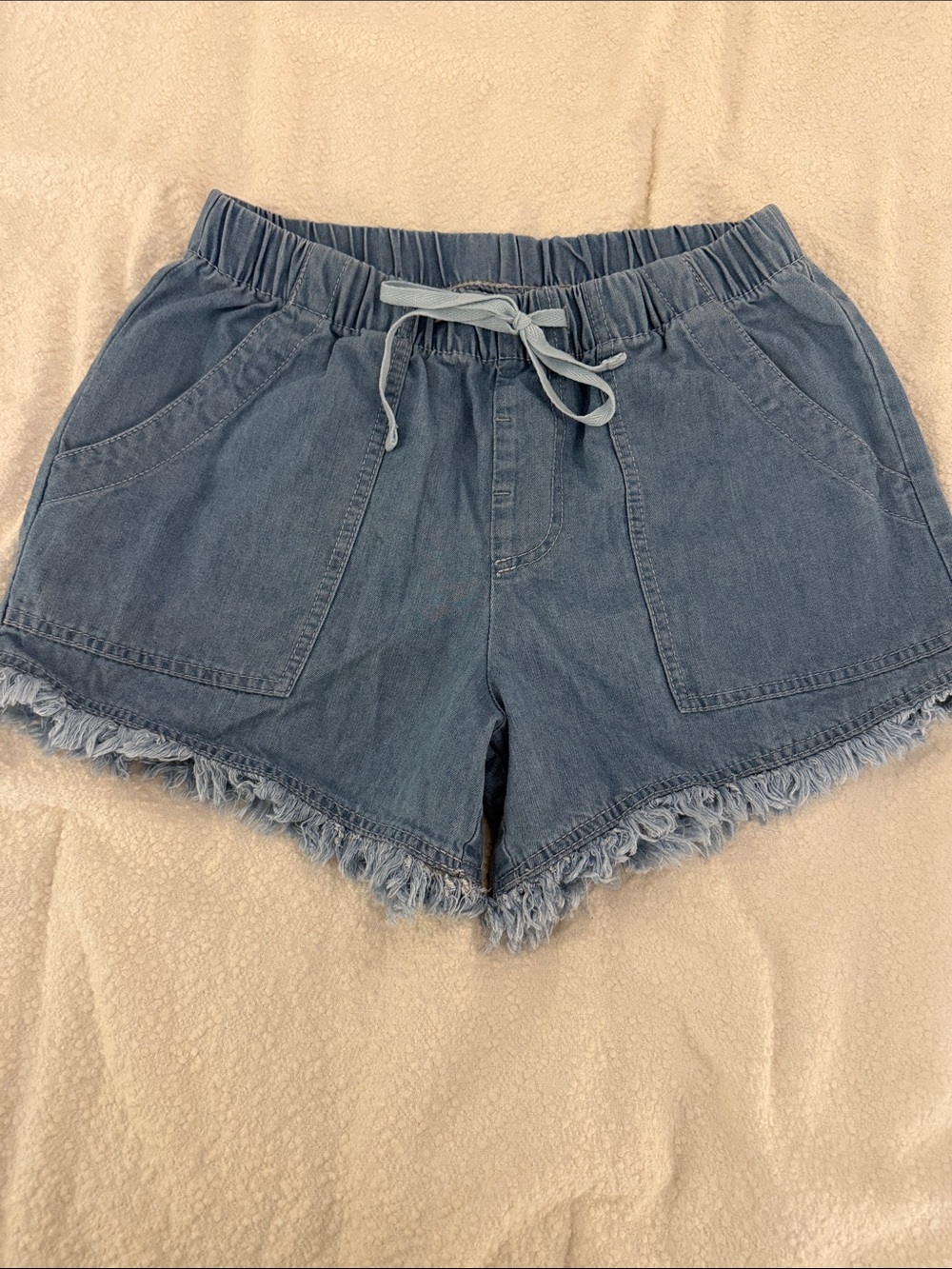 Women's Light Blue Denim Frayed Hem Drawstring Shorts